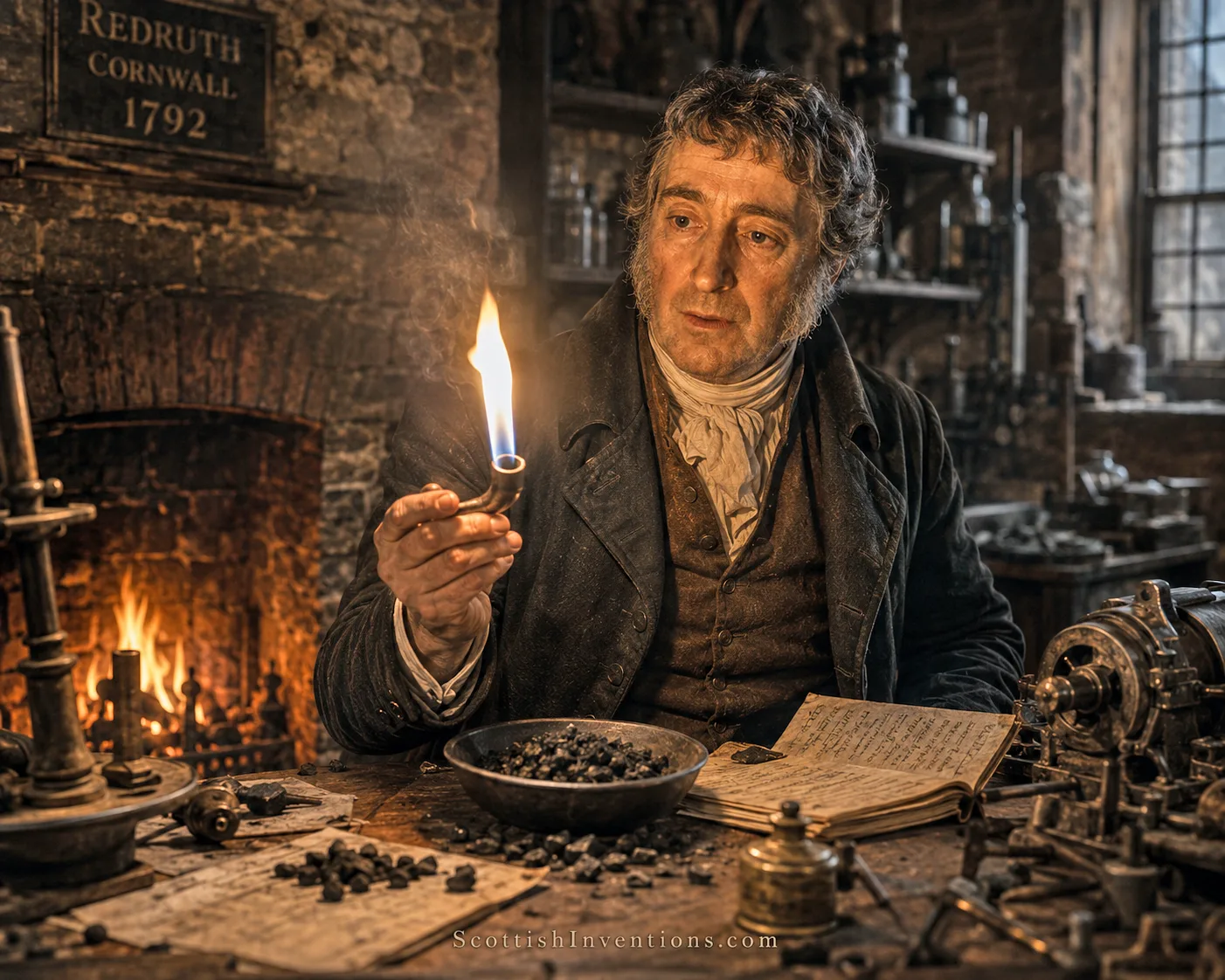 William Murdoch experimenting with coal gas in his workshop