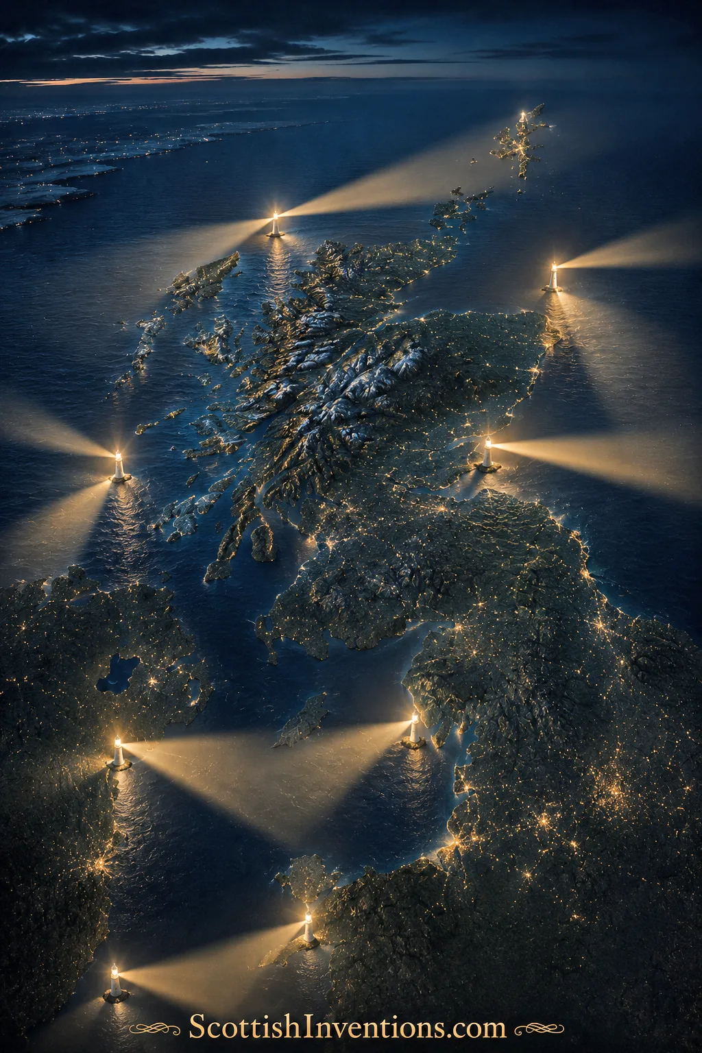 Scotland's Lighthouse Network at Night Map of Scotland showing lighthouse beams protecting the nation's coastline and maritime trade routes.