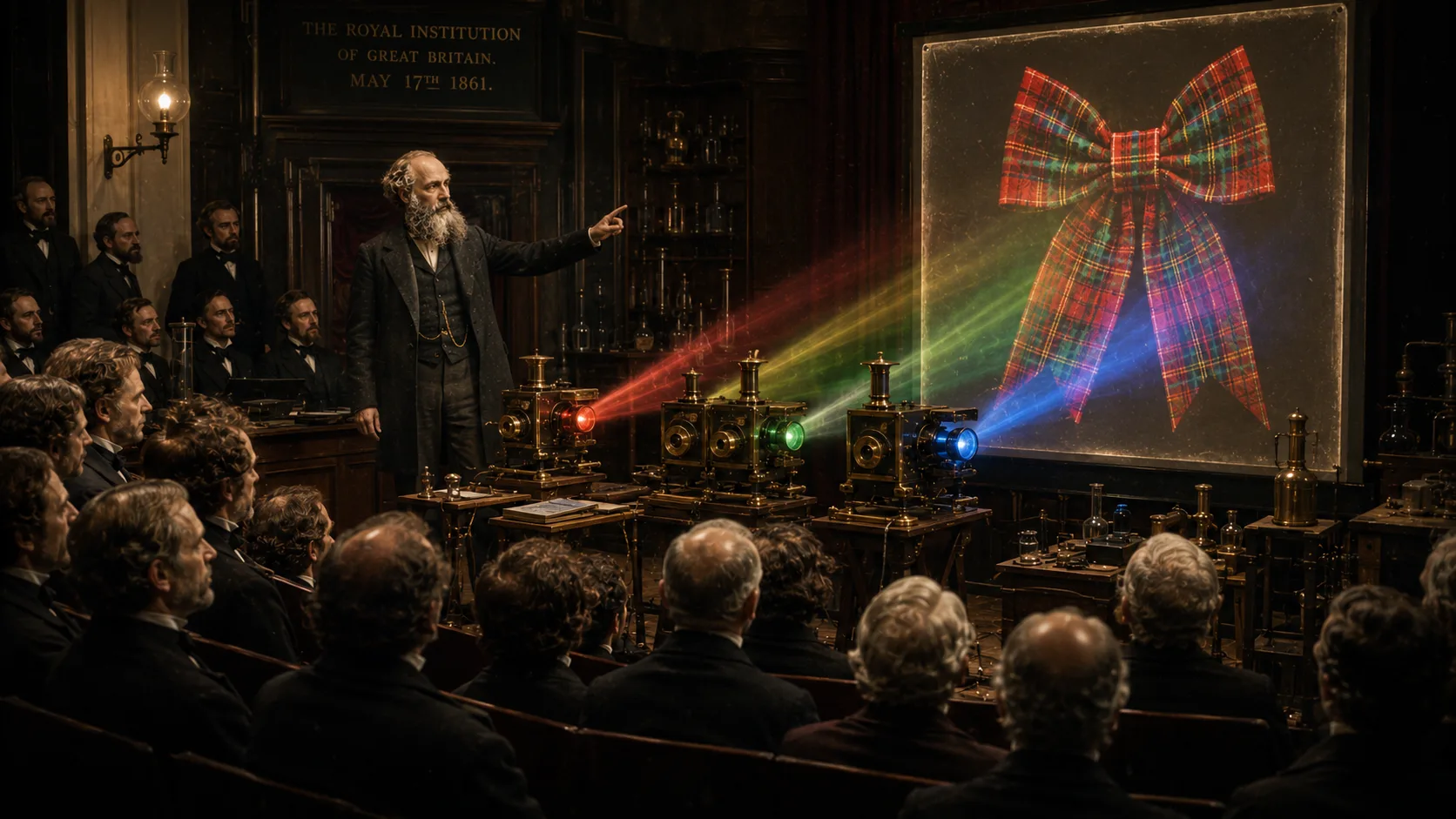 James Clerk Maxwell presenting the world's first colour photographic projection at the Royal Institution in London on 17 May 1861