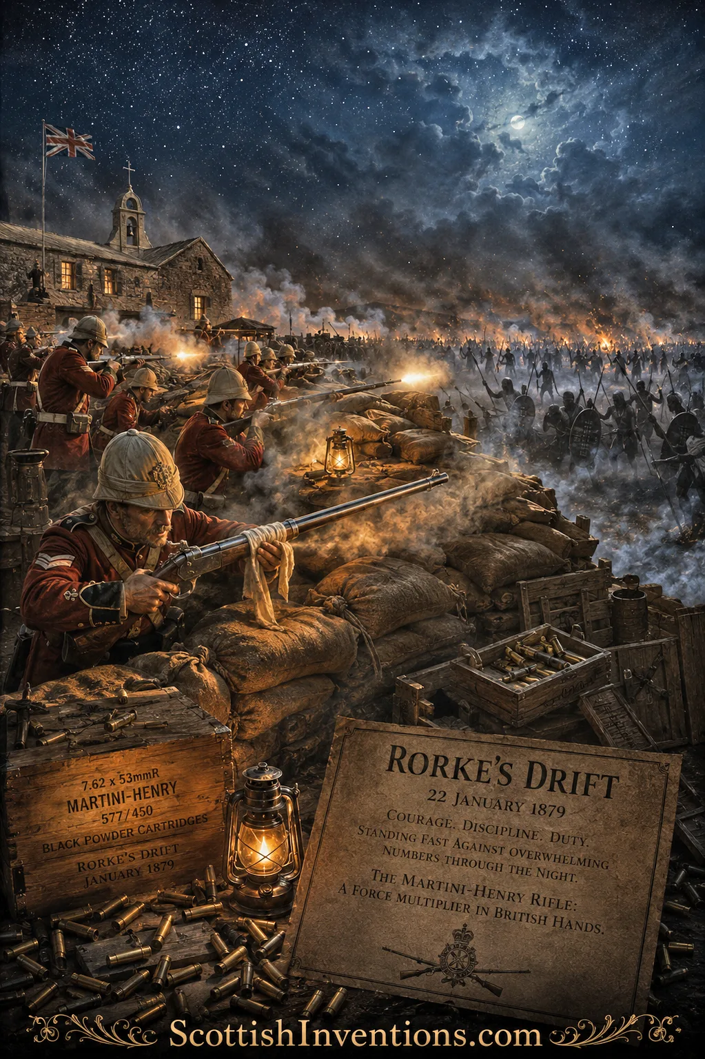 Rorke's Drift, 22–23 January 1879 — Martini-Henrys in action British soldiers defending Rorke's Drift using Martini-Henry rifles during the Anglo-Zulu War