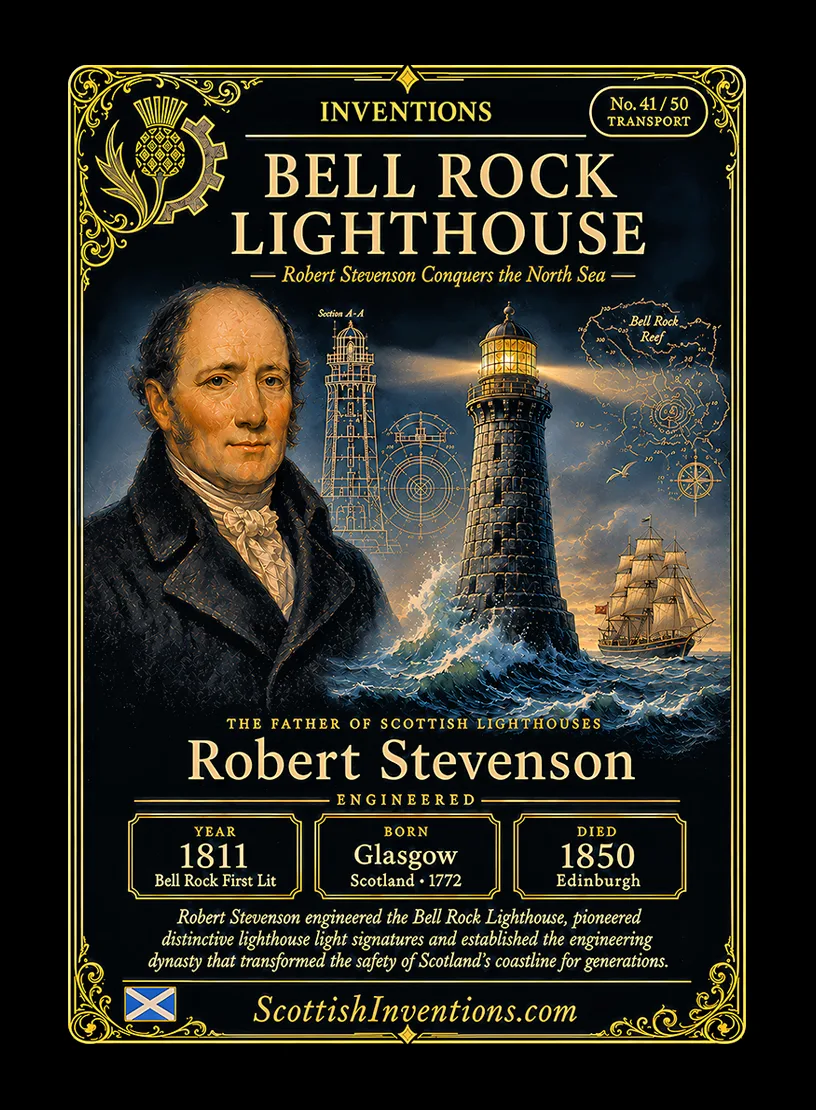 Bell Rock Lighthouse / Bell Rock Lighthouse Back — Scottish Inventions Collection Bell Rock Lighthouse collectible card — Robert Stevenson, Scottish civil engineer who designed and built the Bell Rock Lighthouse, first illuminated in 1811, Scottish Inventions Collection No. 41 of 50