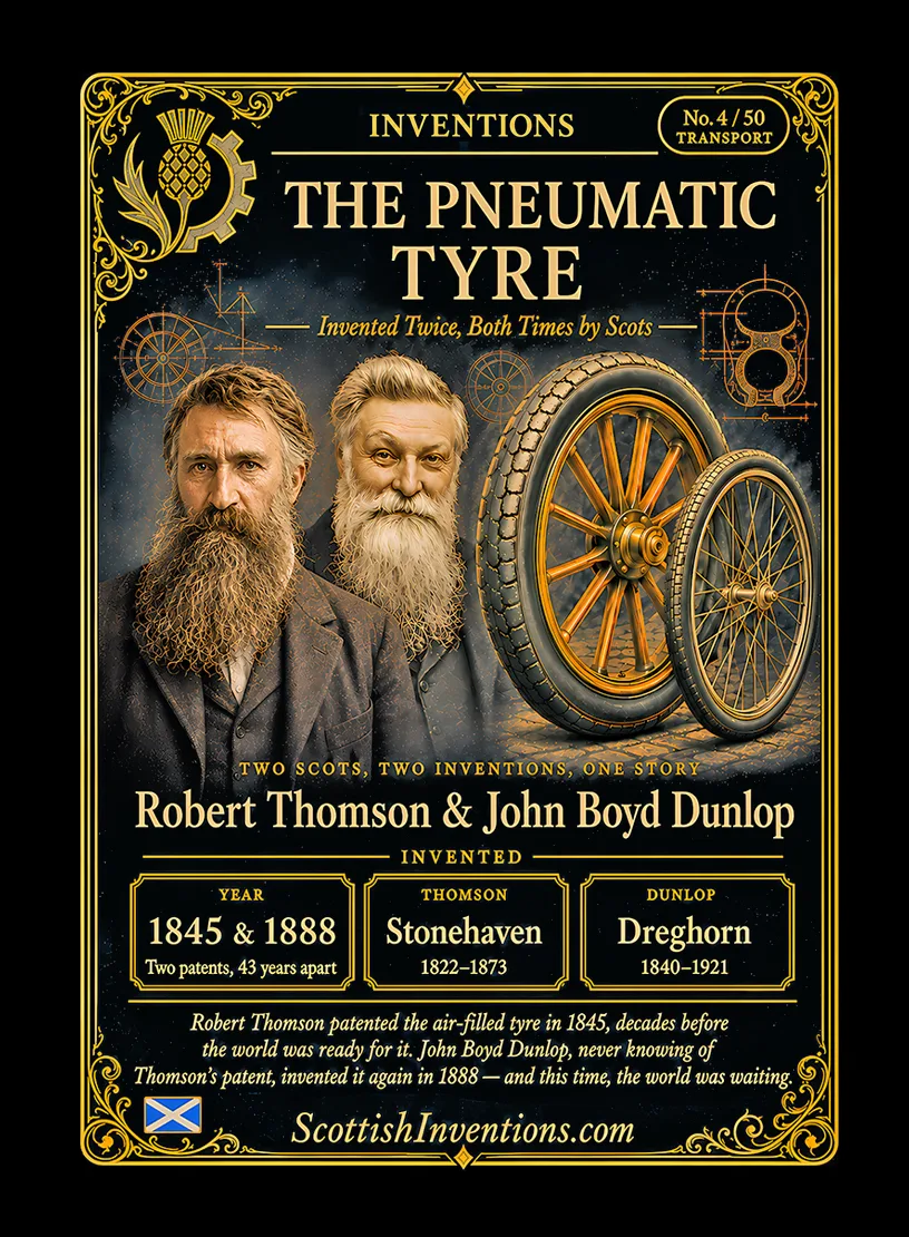 The Pneumatic Tyre / The Pneumatic Tyre Back — Scottish Inventions Collection The Pneumatic Tyre collectible card — Robert William Thomson, born Stonehaven Scotland 1822, died 1873, patented the air-filled tyre in 1845, and John Boyd Dunlop, born Dreghorn Scotland 1840, died 1921, independently reinvented it in 1888, Scottish Inventions Collection No. 4 of 50, Transport