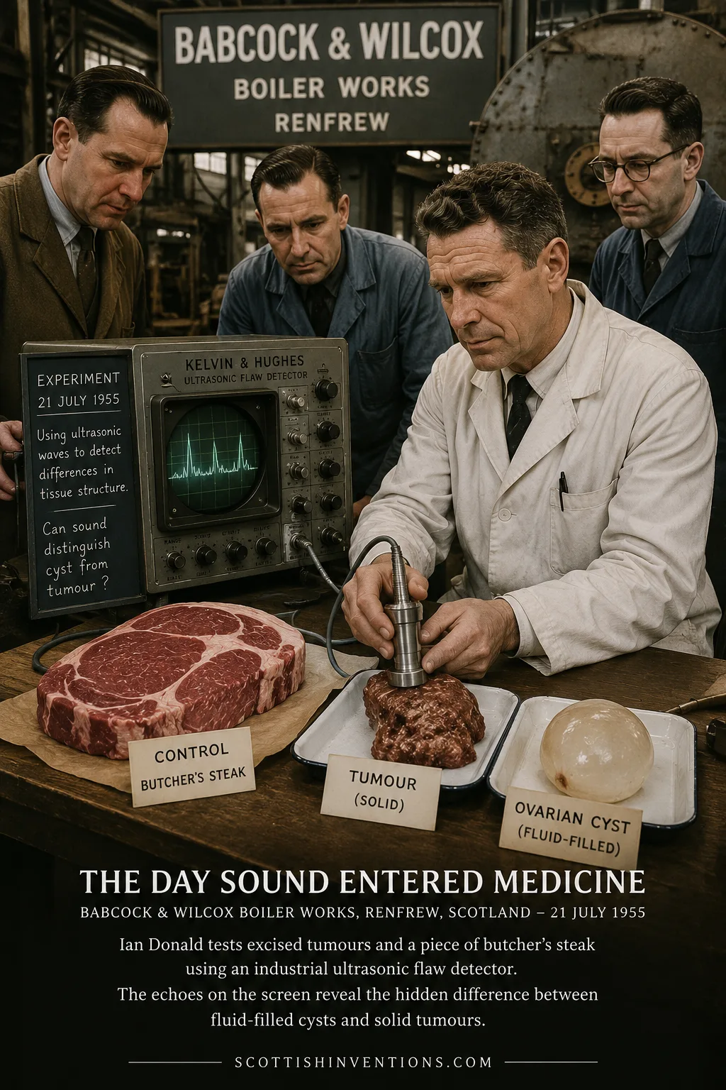 Babcock & Wilcox, Renfrew — 21 July 1955 Ian Donald testing industrial ultrasound equipment on tumours and cysts during pioneering experiments in Scotland.