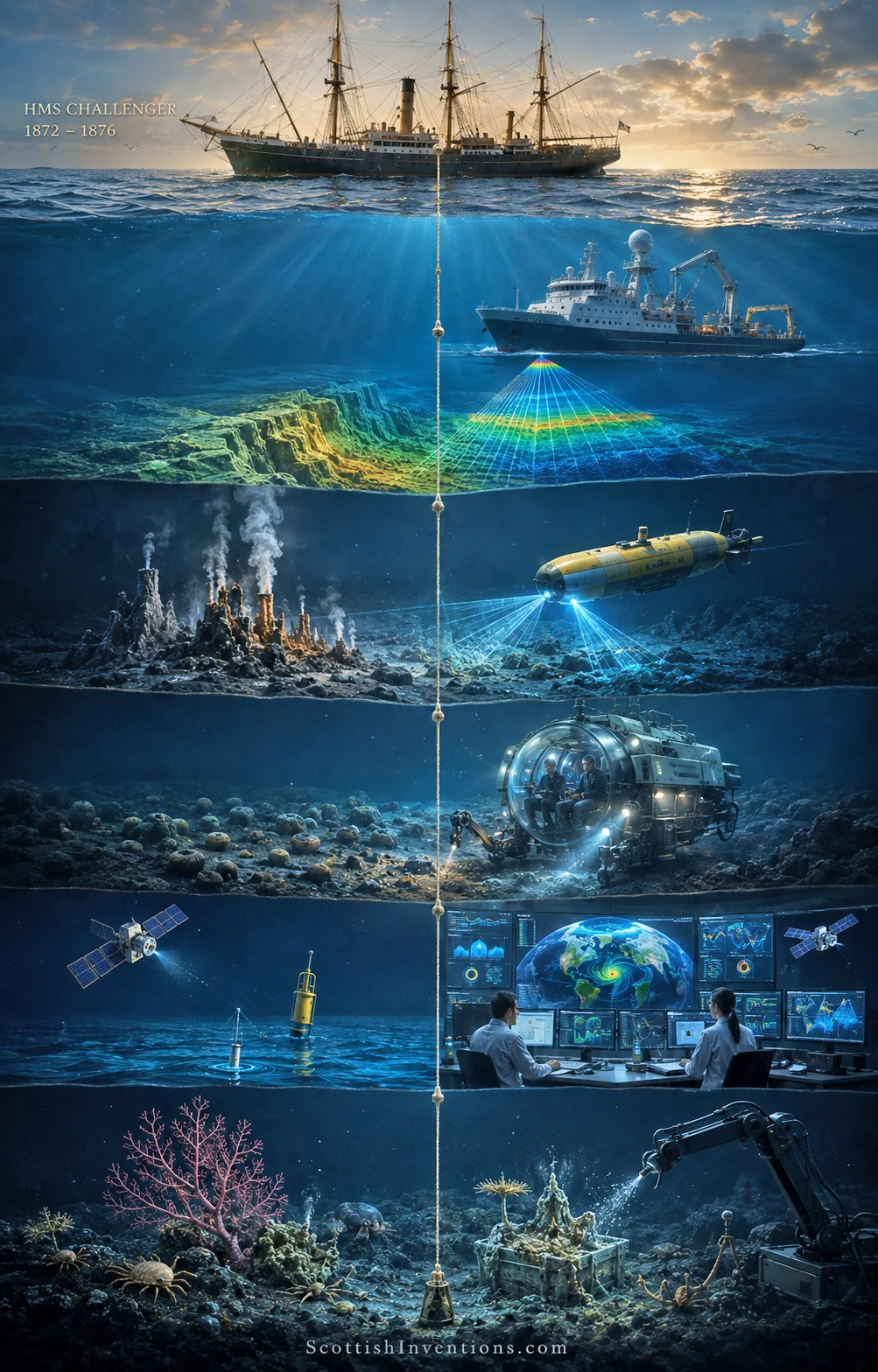 Sequence from HMS Challenger to modern oceanographic research vessels, sonar seabed mapping, hydrothermal vents, submersibles, and satellite ocean monitoring