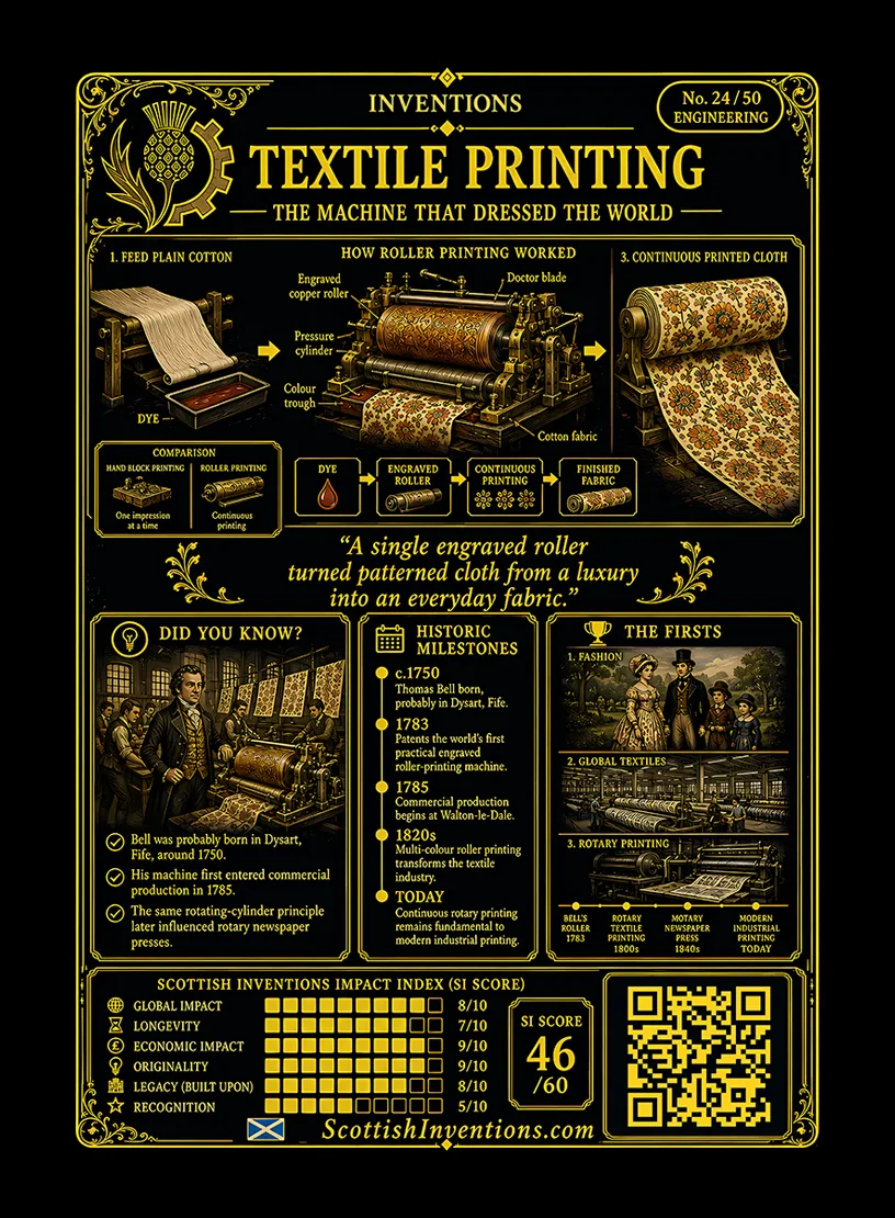 Roller Printing / Roller Printing Back back — Scottish Inventions Collection Roller Printing card reverse — engineering diagram explaining Thomas Bell's revolutionary roller printing process using engraved copper cylinders, timeline of the invention's development, historical context and its impact on textile manufacturing and modern rotary printing.