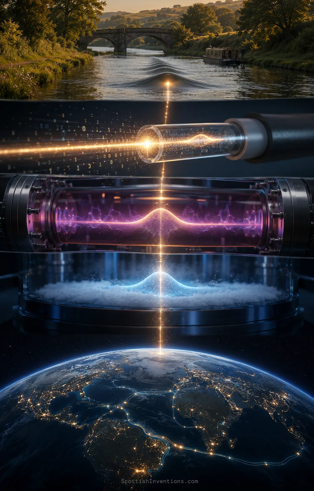Sequence showing the soliton's journey from Russell's canal to fibre-optic telecommunications, plasma physics, and Bose-Einstein condensates