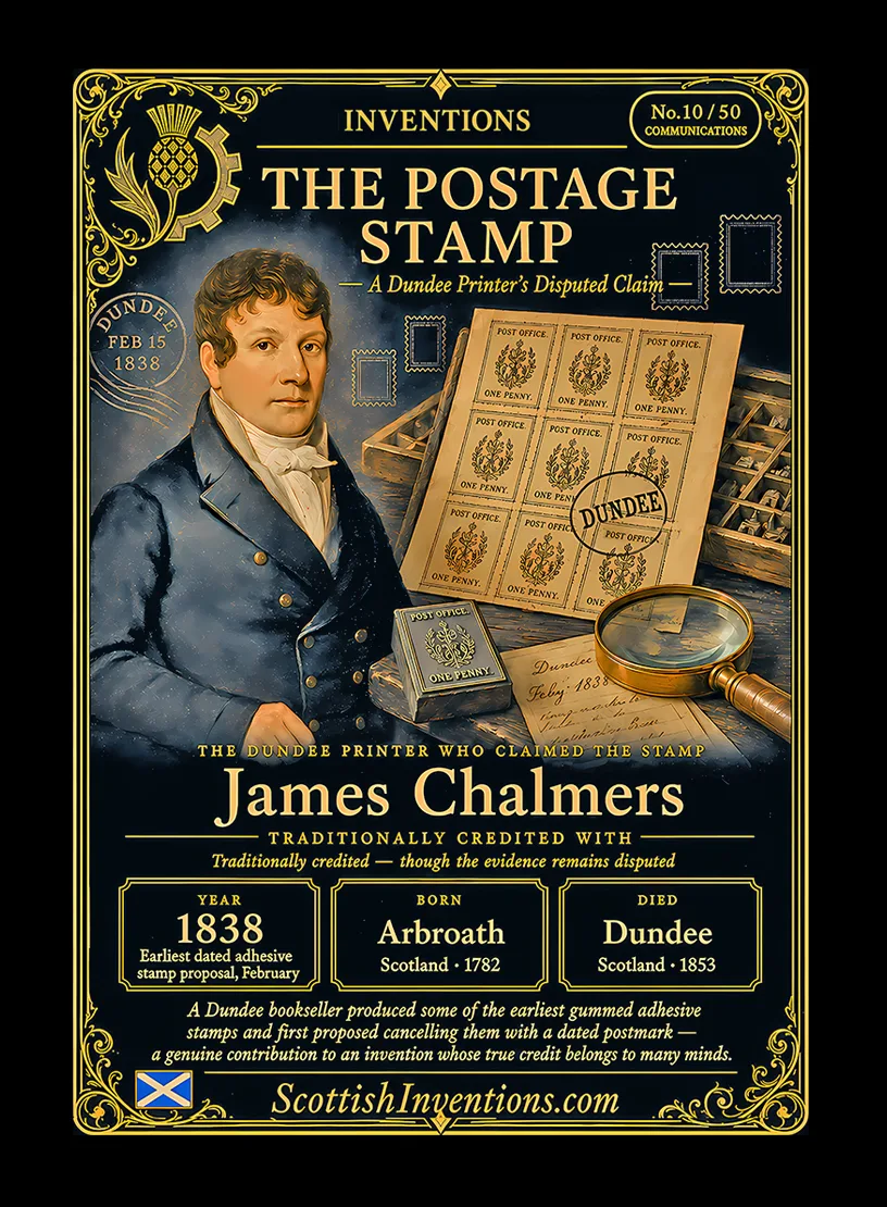 The Postage Stamp / The Postage Stamp Back — Scottish Inventions Collection The Postage Stamp collectible card — James Chalmers, born Arbroath Scotland 1782, died Dundee Scotland 1853, pioneered the adhesive postage stamp and prepaid postal system, Scottish Inventions Collection No. 10 of 50