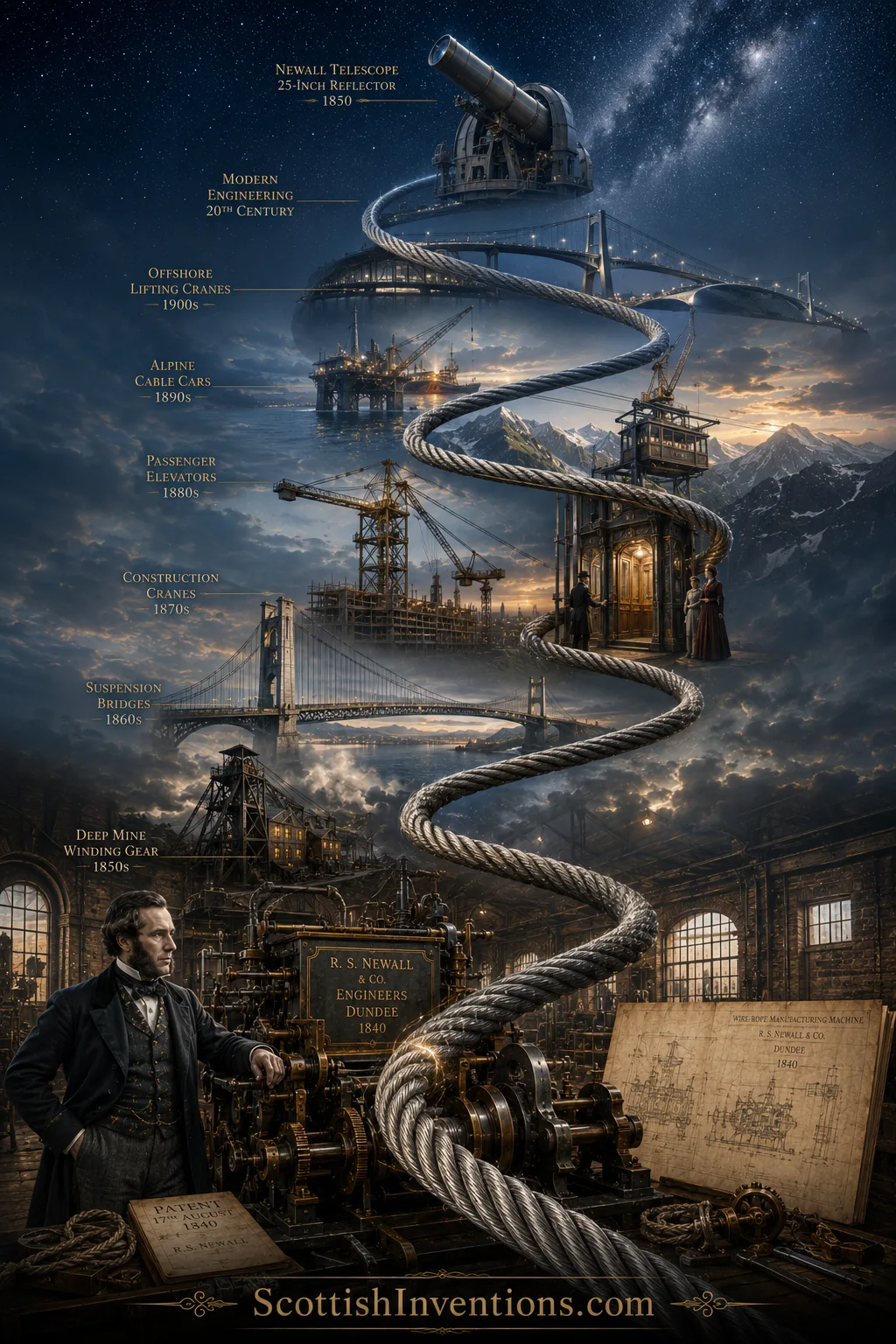 Robert Stirling Newall — Wire Rope Legacy Timeline The worldwide legacy of Robert Stirling Newall's wire rope, showing mines, bridges, elevators, cranes, observatories and modern engineering.