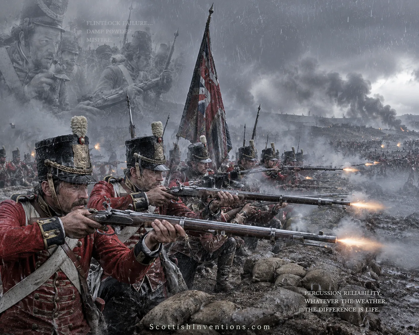 British soldiers struggling with unreliable flintlock muskets during wet battlefield conditions