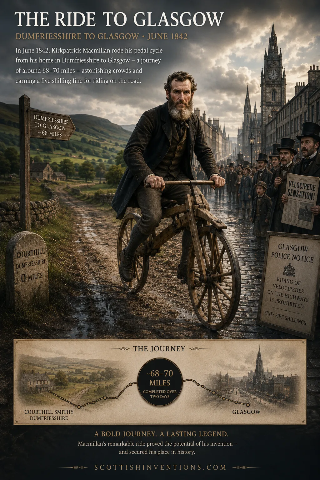Kirkpatrick Macmillan riding his bicycle towards Glasgow in 1842