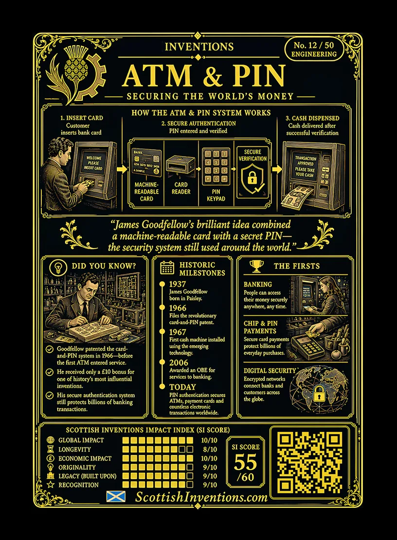 The ATM and PIN back — Scottish Inventions Collection The ATM and PIN card reverse — flow diagram showing card inserted into machine, customer entering PIN on numeric keypad, cash dispensed on verified match, James Goodfellow timeline from 1937 to 2016, myth-busting panel distinguishing Goodfellow's 1966 card-and-PIN patent from Shepherd-Barron's 1967 radioactive voucher machine