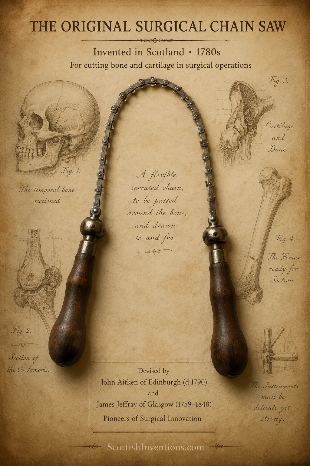 The original 1780s surgical chain saw invented in Scotland by John Aitken and James Jeffray, with serrated chain and wooden handles.