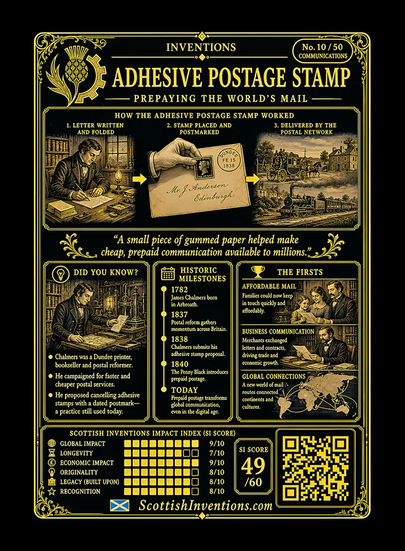 The Postage Stamp / The Postage Stamp Back back — Scottish Inventions Collection The Postage Stamp card reverse — timeline of James Chalmers' postal reform campaign from 1782 to 1853, engraved illustration of the Penny Black and early adhesive stamp concepts, explanation of prepaid postage and Chalmers' contribution to modern postal communication