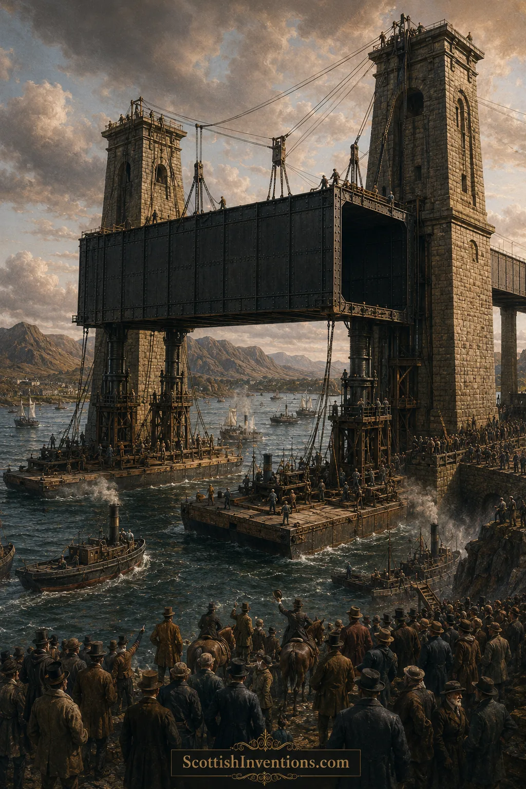Raising a Britannia Bridge tube by hydraulic press Victorian engineers hydraulically lifting one of the giant Britannia Bridge iron tubes into position over the Menai Strait.