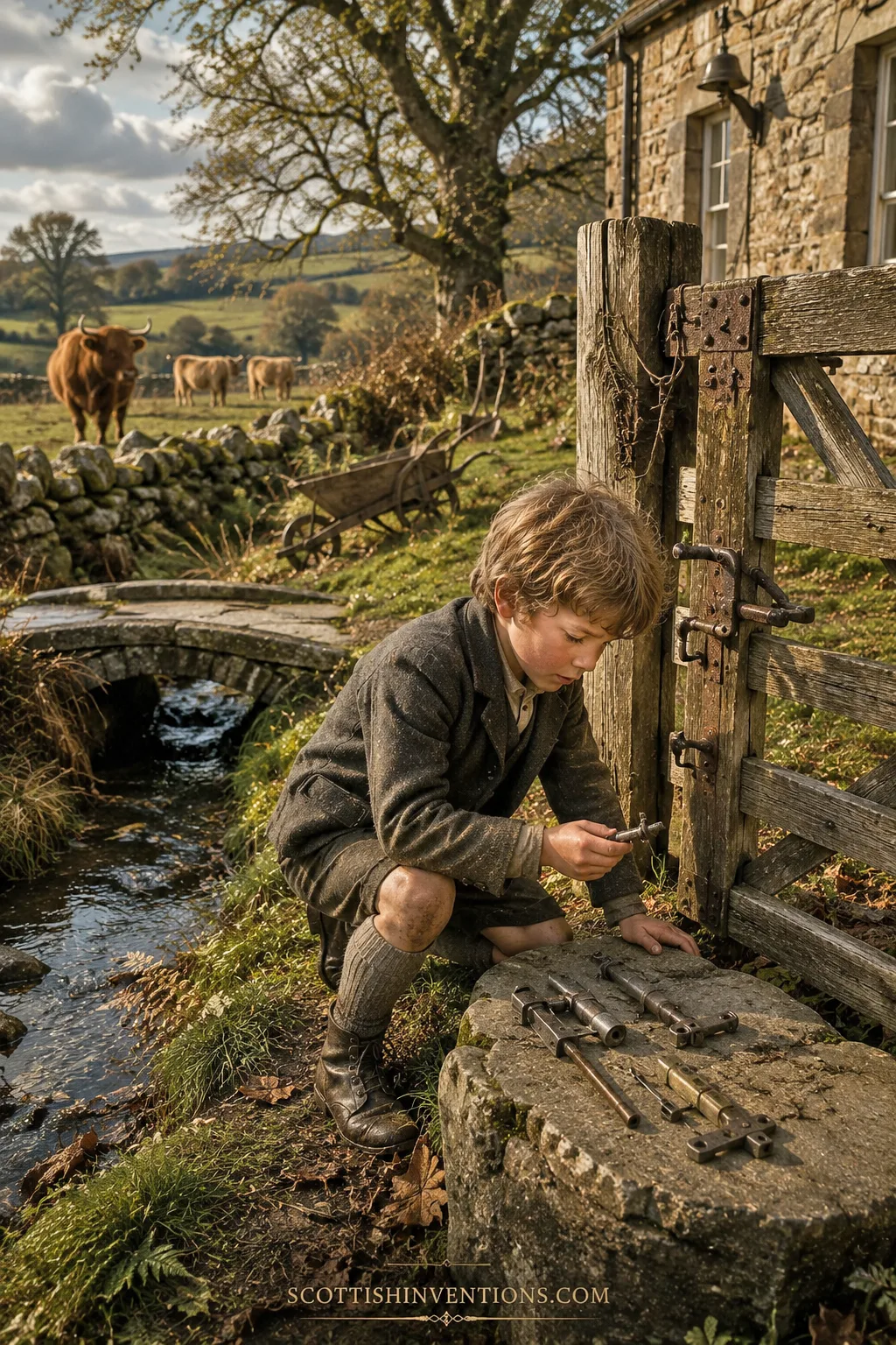 A young boy in a wool jacket kneels beside a stream near a Galloway farmhouse, inspecting iron gate hinges and bolts — a portrait of the young James Clerk Maxwell's insatiable mechanical curiosity.