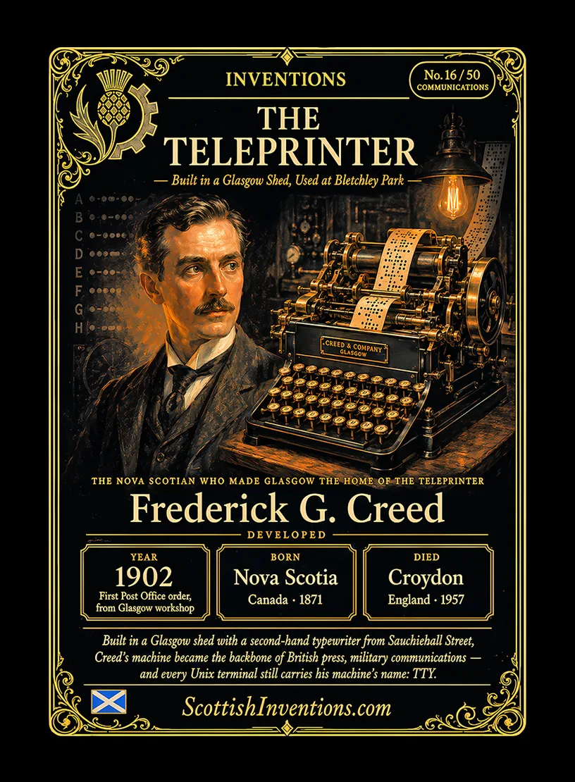 The Teleprinter / The Teleprinter Back — Scottish Inventions Collection The Teleprinter collectible card — Frederick G. Creed, born Mill Village Nova Scotia Canada 1871, died Croydon England 1957, developed the first practical mass-produced teleprinter system in Glasgow from 1897, winning a Post Office order in 1902, Scottish Inventions Collection No. 16 of 50