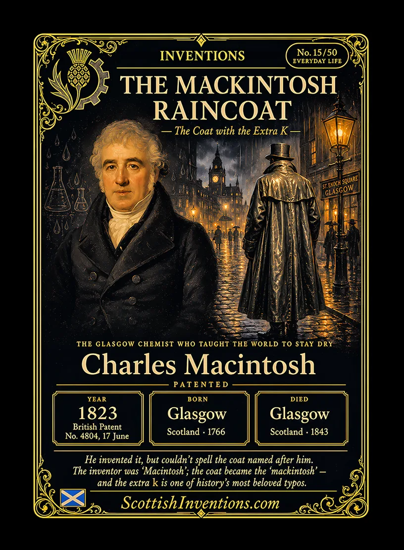 The Mackintosh Raincoat / The Mackintosh Raincoat Back — Scottish Inventions Collection The Mackintosh Raincoat collectible card — Charles Macintosh of Glasgow patented the waterproof rubber-coated cloth raincoat in 1823, creating the world's first practical waterproof coat, Scottish Inventions Collection No. 15 of 50