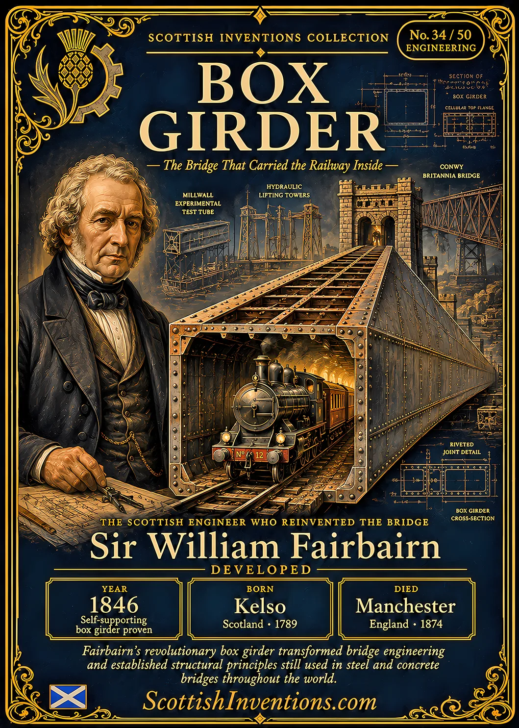 Box Girder — Scottish Inventions Collection Box Girder collectible card — Sir William Fairbairn, born Kelso Scotland 1789, died Manchester England 1874, developer of the self-supporting wrought-iron box girder, pioneer of Britannia Bridge engineering, Scottish Inventions Collection No. 34 of 50.