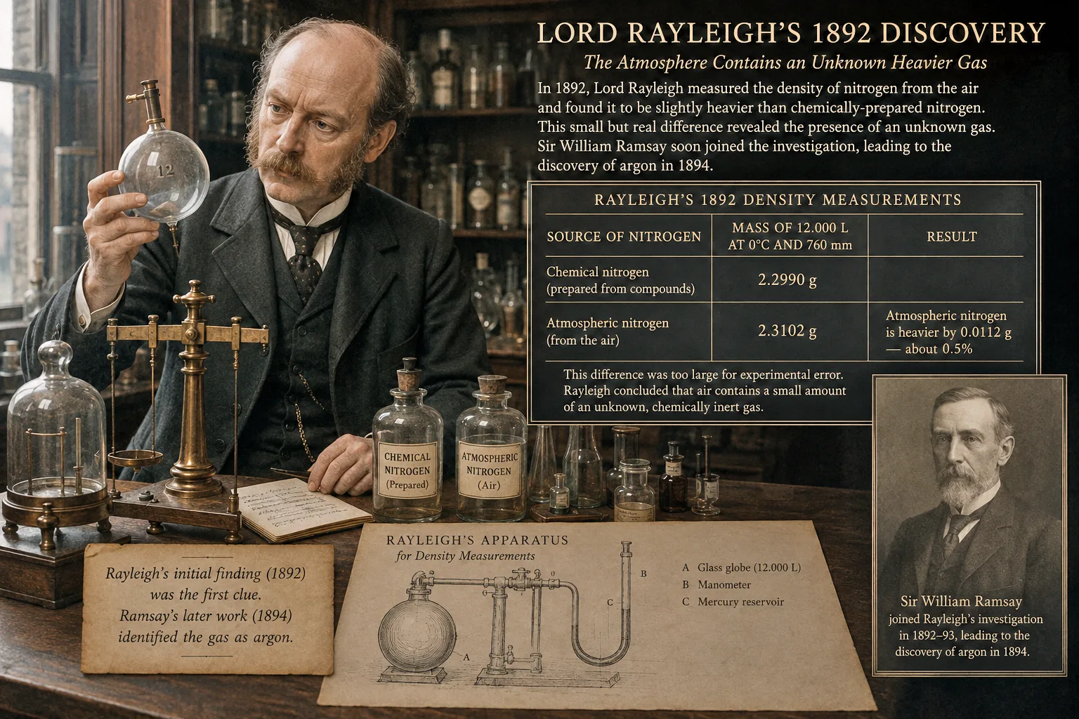 Lord Rayleigh's 1892 nitrogen density measurements, showing atmospheric nitrogen at 2.3102g against chemically-prepared nitrogen at 2.2990g, a discrepancy that revealed an unknown gas in the air.