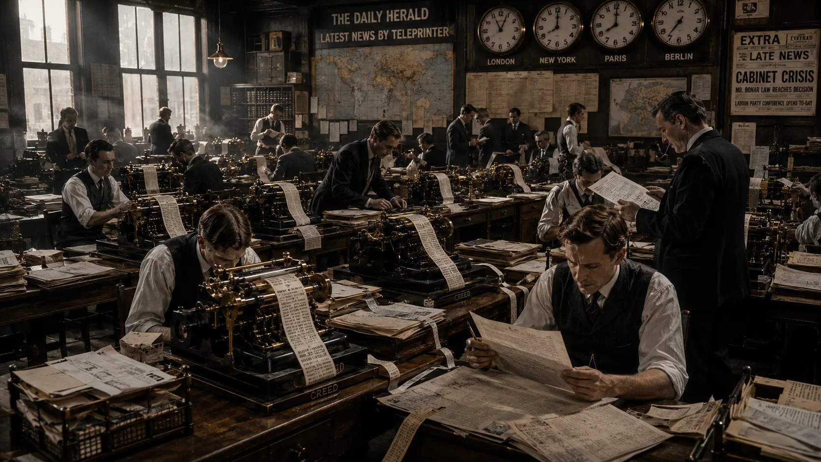 Historic newspaper newsroom filled with Creed teleprinters printing breaking news from across Britain.