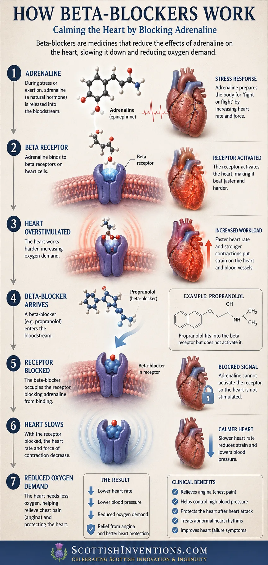 Diagram explaining how beta-blockers block adrenaline receptors, slowing the heart and reducing oxygen demand.