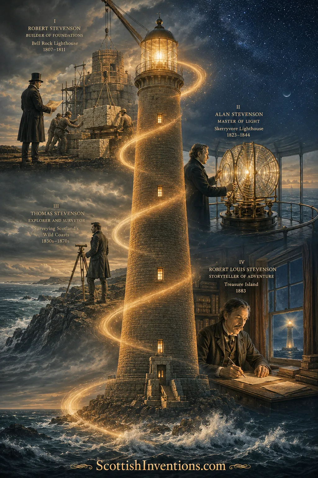 The Stevenson Lighthouse Dynasty Timeline showing the Stevenson engineering dynasty from Robert Stevenson through Alan, Thomas and Robert Louis Stevenson.