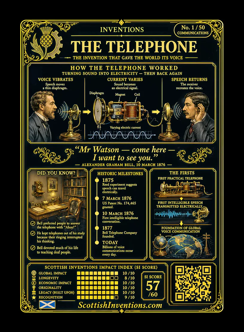 The Telephone card reverse — dual profile of Alexander Graham Bell and Thomas Watson, timeline from 1847 to 1922, note on the priority dispute with Elisha Gray and Antonio Meucci