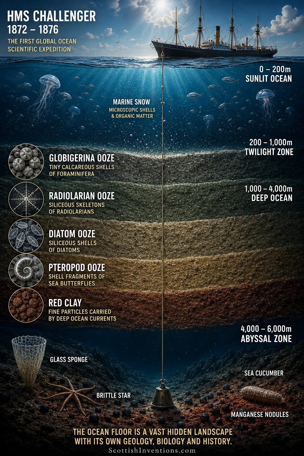 Cross-section of the ocean showing Challenger's sounding line and the deep-sea sediment types Murray classified: globigerina, radiolarian, diatom and pteropod ooze, and red clay