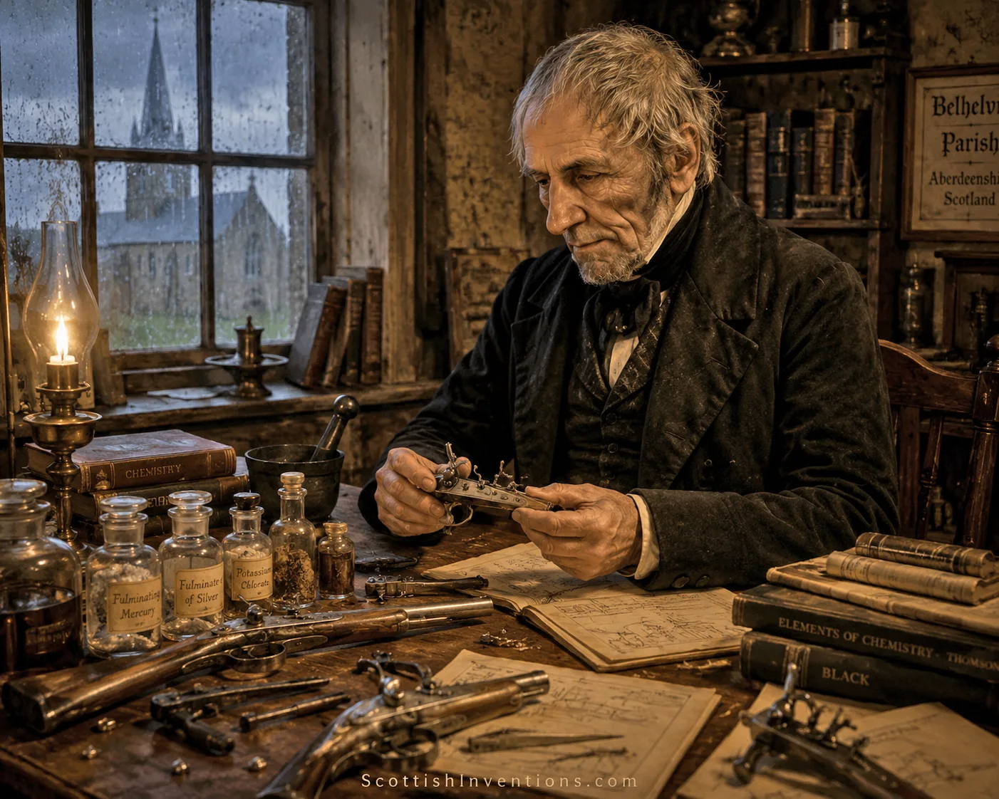 Alexander John Forsyth developing percussion ignition in his Scottish workshop