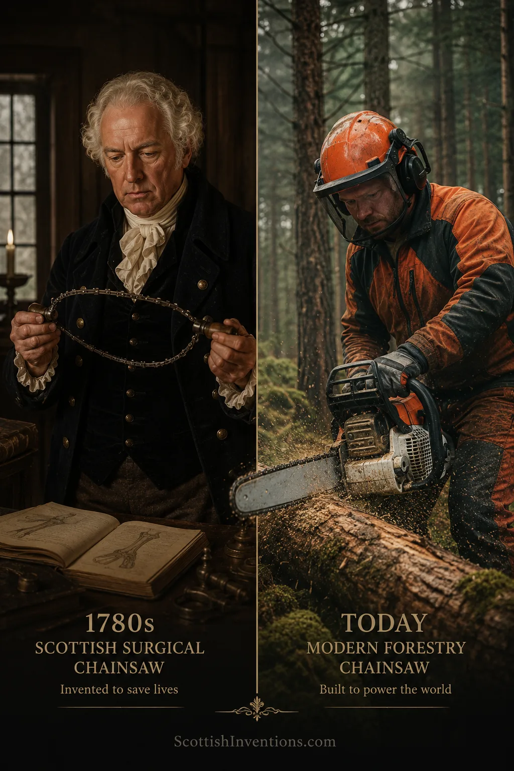 Side-by-side comparison of an 18th-century Scottish surgeon holding the original surgical chainsaw and a modern forestry worker using a petrol chainsaw to cut a log.