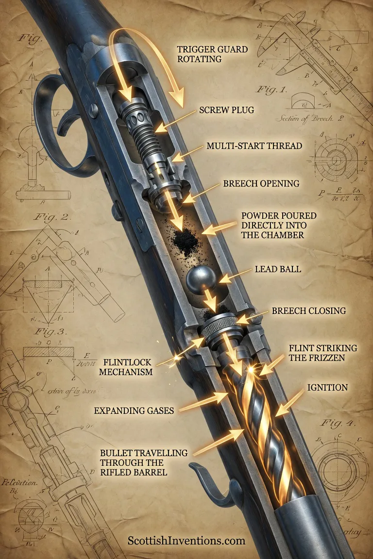 Cross-section diagram showing Patrick Ferguson's rotating screw-plug breech-loading mechanism
