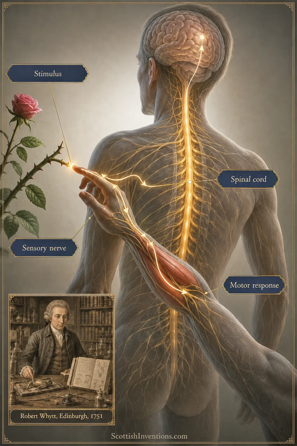 Diagram of the reflex arc from stimulus through sensory nerve, spinal cord and motor response, with Robert Whytt inset, Edinburgh 1751.