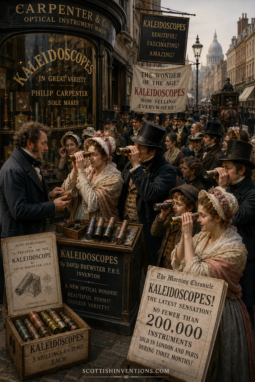 Crowds buying and viewing kaleidoscopes during the 1817 craze