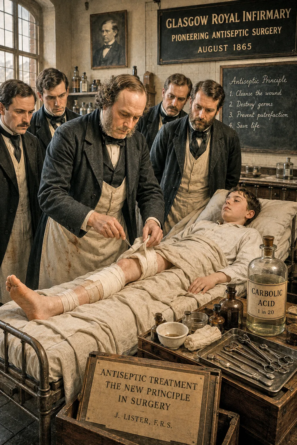 Joseph Lister performing the first antiseptic treatment on James Greenlees in Glasgow in 1865