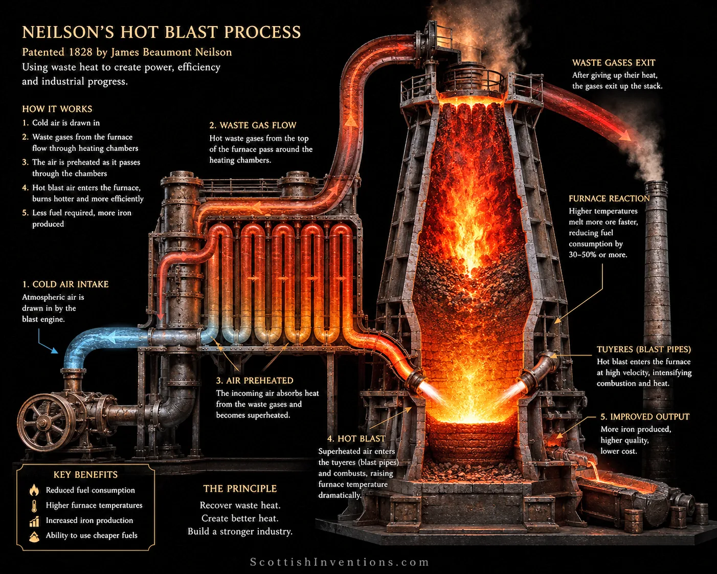 Neilson's Hot Blast Process — annotated diagram Technical diagram explaining James Beaumont Neilson's Hot Blast Process