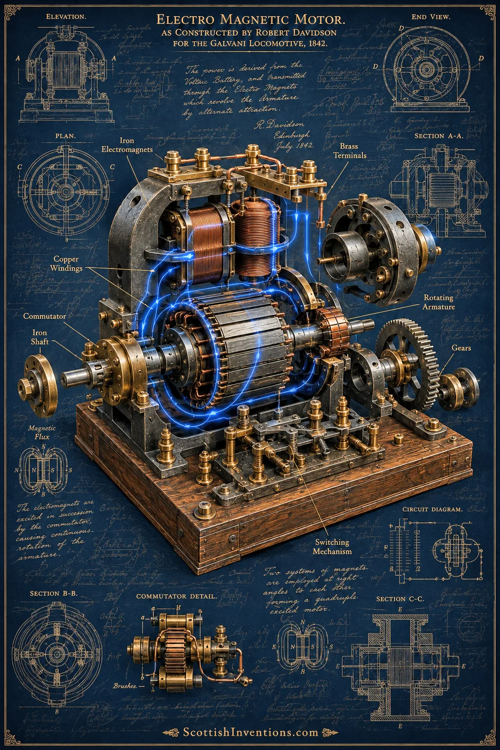 Davidson's Electromagnetic Motor — Constructed for the Galvani (1842) Detailed illustration of Robert Davidson's electromagnetic motor showing coils, commutator, iron armature and magnetic circuit.