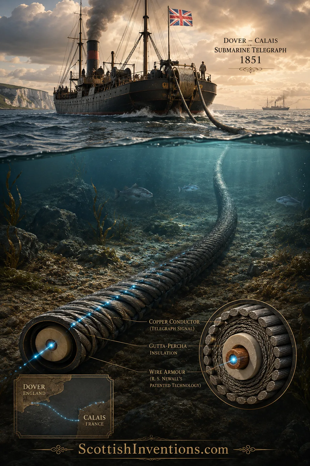 Dover–Calais Submarine Telegraph Cable, 1851 The first commercially successful submarine telegraph cable laid between Dover and Calais in 1851.