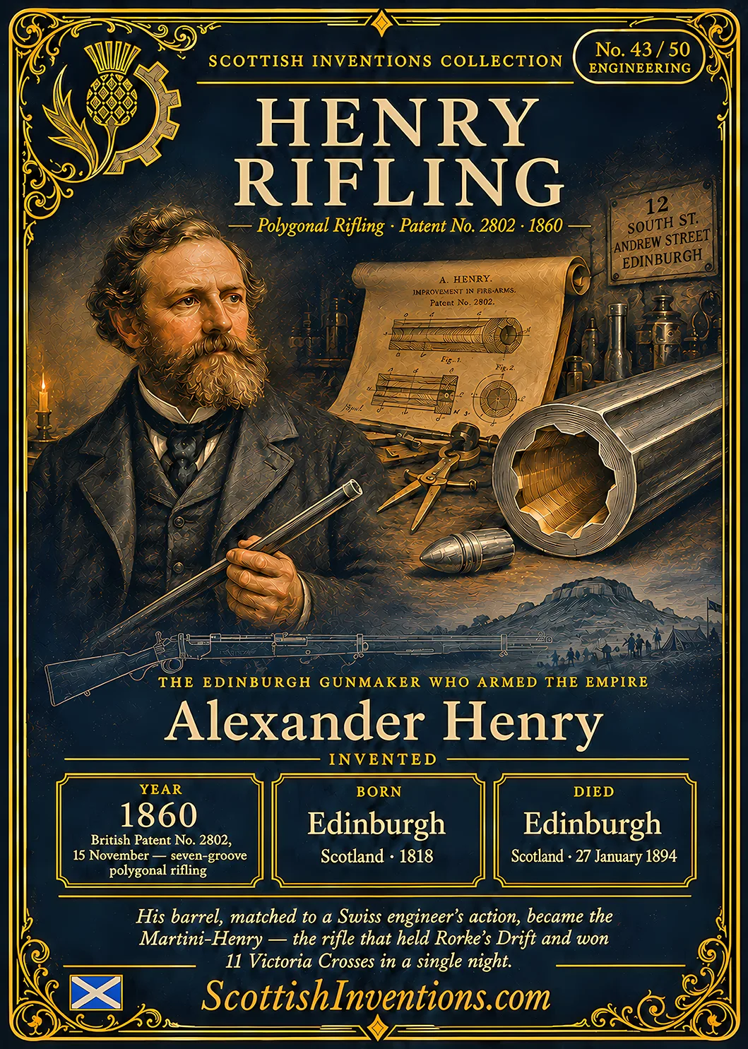Henry Rifling / Henry Rifling Back — Scottish Inventions Collection Henry Rifling collectible card — Alexander Henry, born Edinburgh Scotland 1818, died Edinburgh Scotland 1894, inventor of seven-groove polygonal rifling patented in 1860, later adopted for the Martini-Henry rifle, Scottish Inventions Collection No. 43 of 50