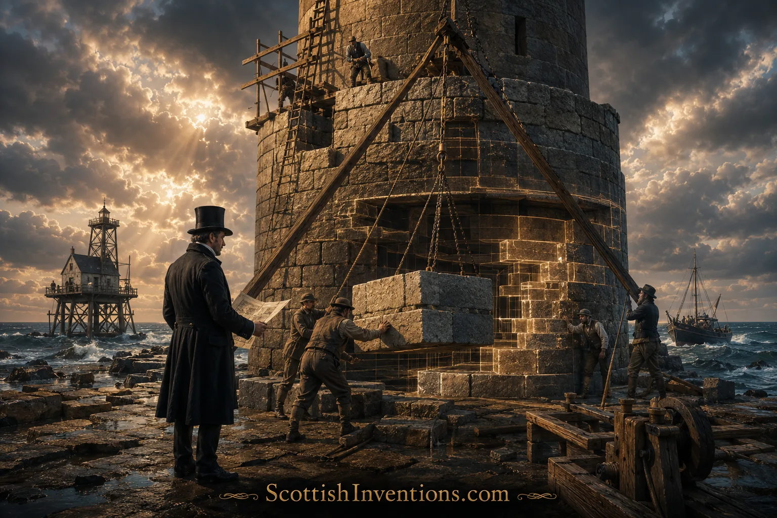 Robert Stevenson & the Bell Rock Lighthouse Construction Robert Stevenson supervising construction of the Bell Rock Lighthouse, Scotland's greatest lighthouse engineering achievement.