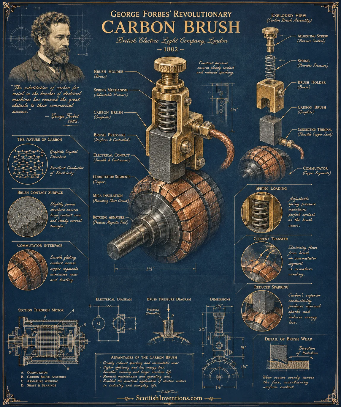 How the Carbon Brush Works Engineering diagram explaining the construction and operation of George Forbes' Carbon Brush.