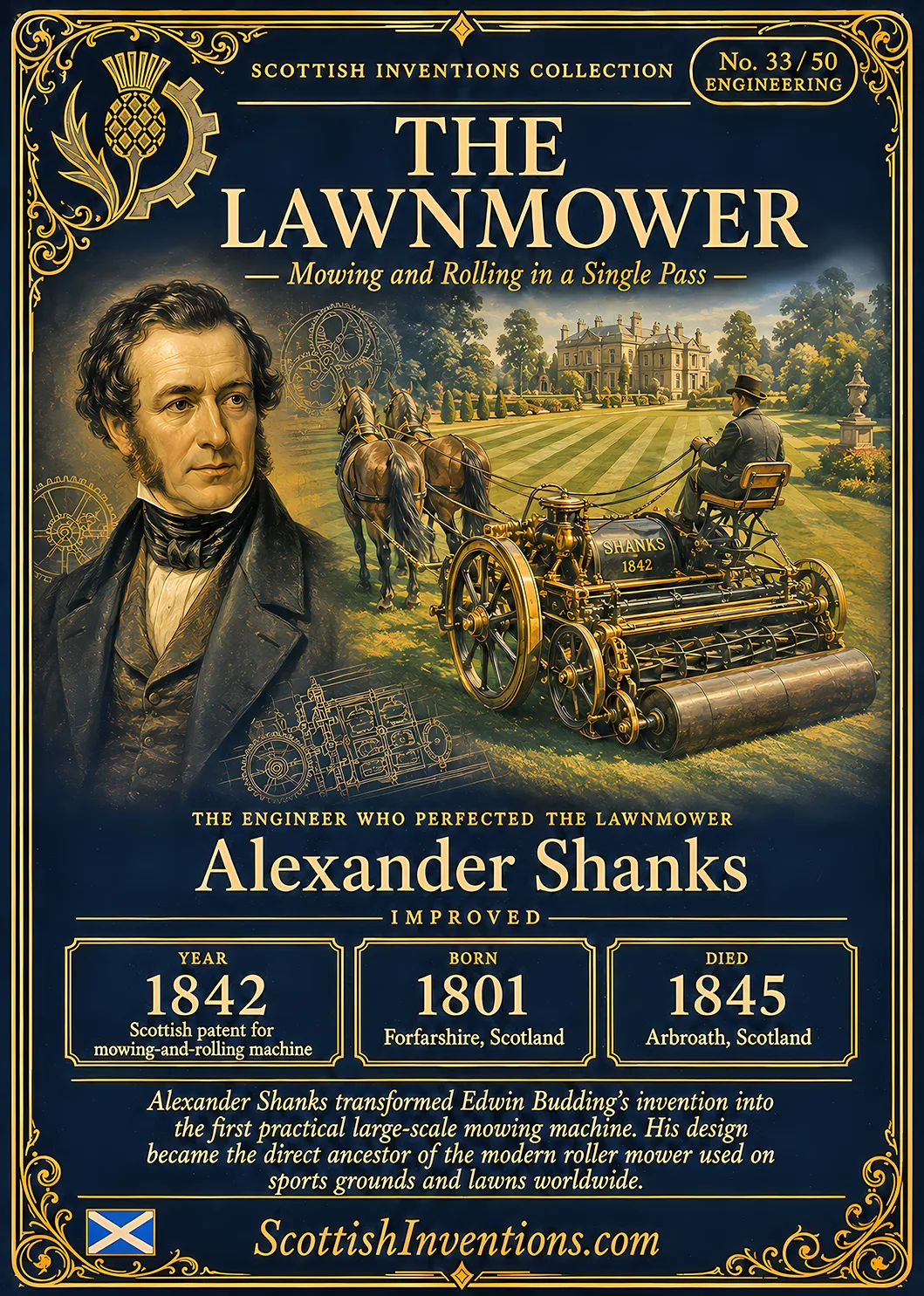 The Lawnmower — Scottish Inventions Collection The Lawnmower collectible card — Alexander Shanks, born Forfarshire Scotland 1801, died Arbroath Scotland 1845, engineer who patented the 1842 mowing-and-rolling machine that cut and rolled grass in a single pass, Scottish Inventions Collection No. 33 of 50