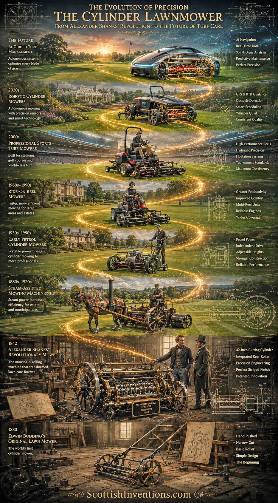 The Evolution of Precision — The Cylinder Lawnmower from Shanks to AI Evolution of the cylinder lawnmower from Alexander Shanks' 1842 invention to modern precision turf technology