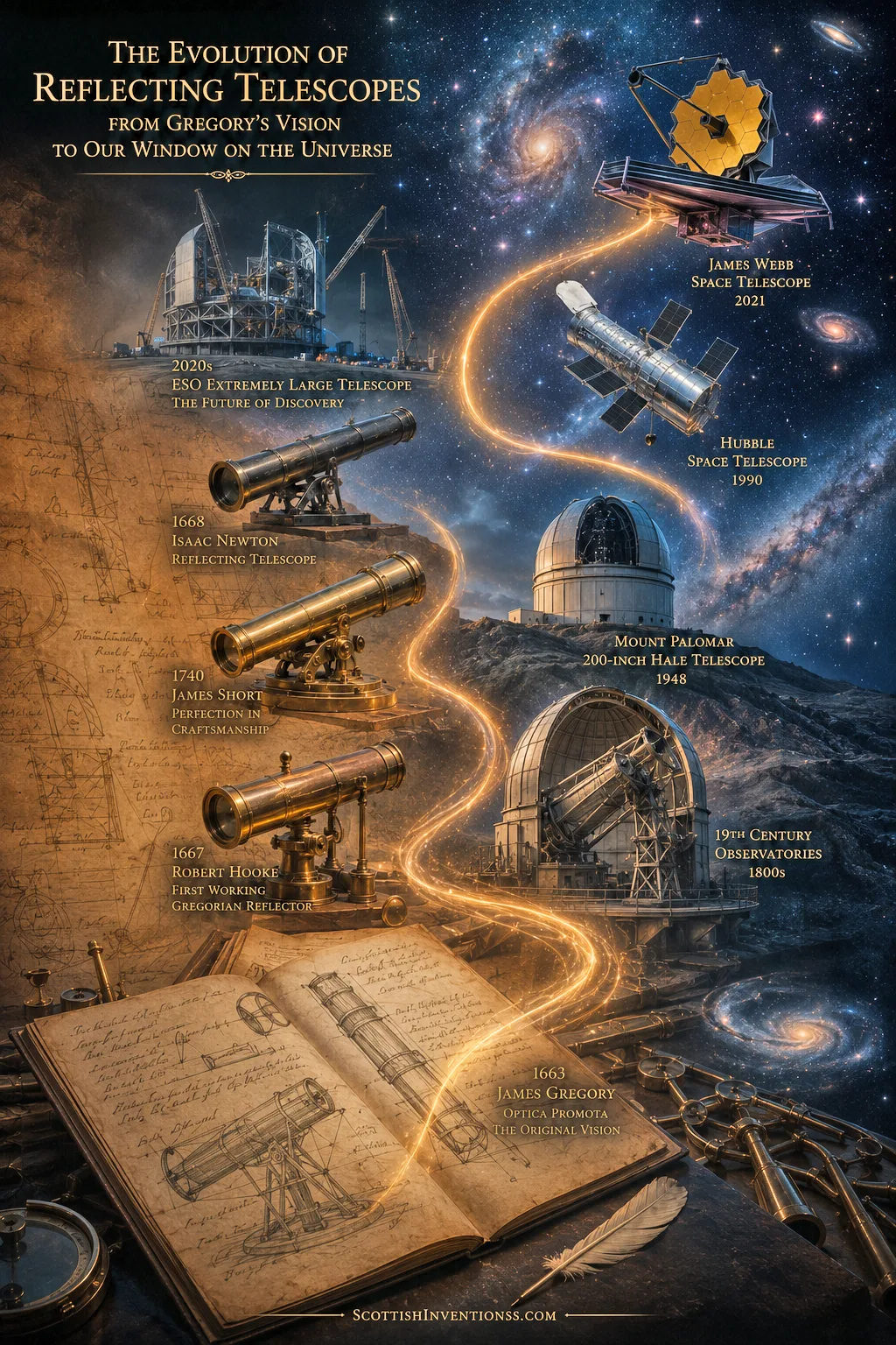 Timeline showing the evolution of reflecting telescopes from James Gregory to the James Webb Space Telescope