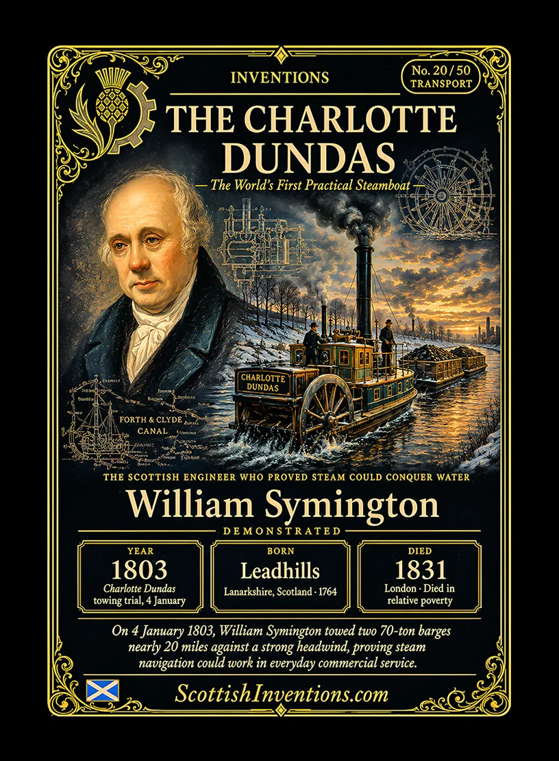 The Charlotte Dundas / The Charlotte Dundas Back — Scottish Inventions Collection The Charlotte Dundas collectible card — William Symington's pioneering steam-powered tugboat demonstrated on the Forth and Clyde Canal in 1803, recognised as the world's first practical steamboat, Scottish Inventions Collection No. 20 of 50