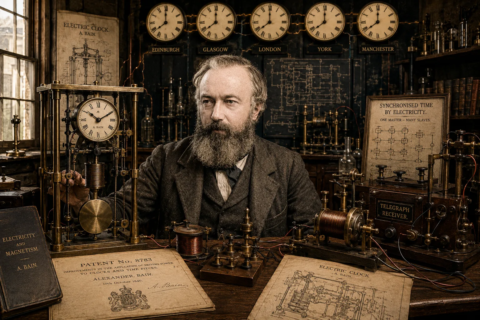 Alexander Bain inventor of the first electric clock and pioneer of synchronized timekeeping