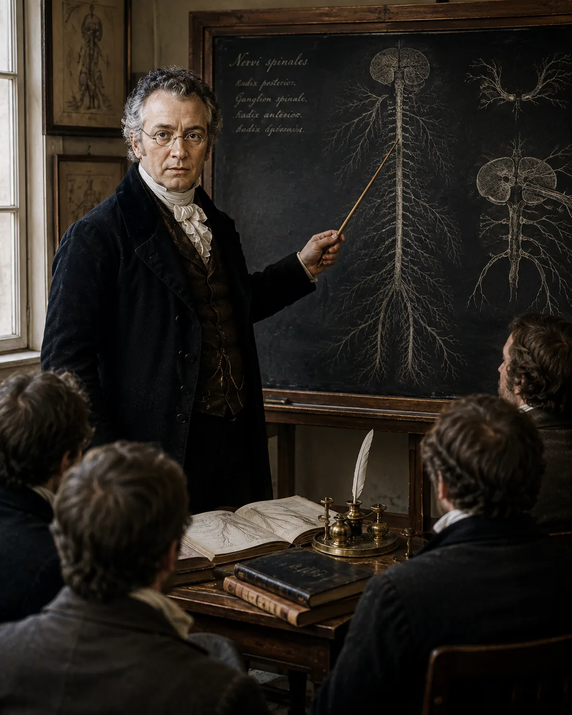 Sir Charles Bell lecturing a group of medical students before a chalkboard diagram of the nervous system.