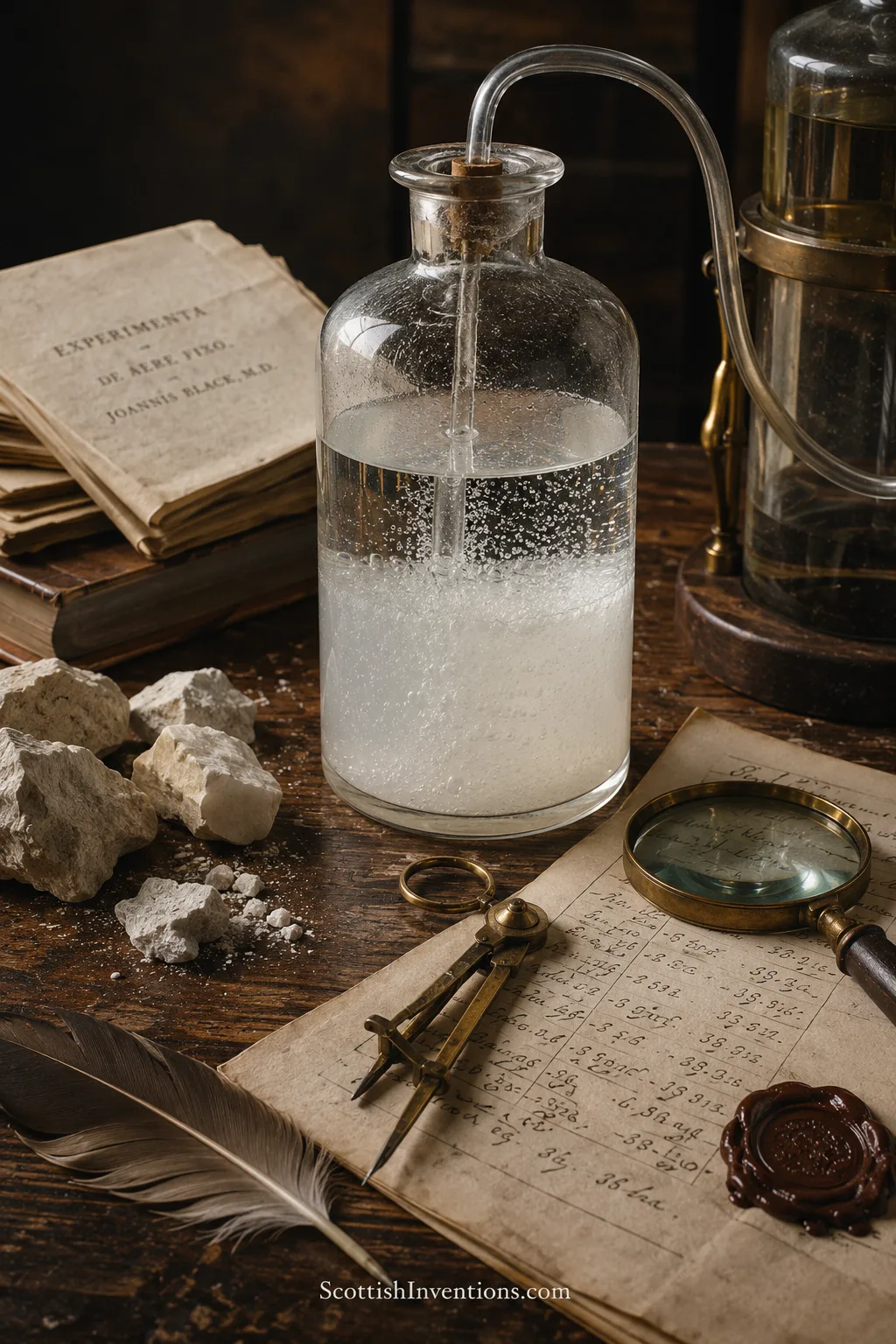 Lime-water turning milky white as gas bubbles through a delivery tube, beside chalk lumps and a pamphlet titled Experimenta de Aere Fixo by Joseph Black.