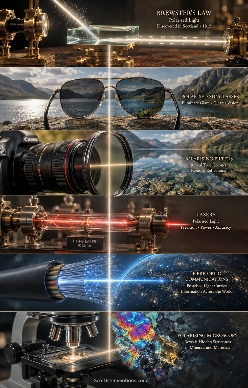 Six-panel infographic showing modern applications of Brewster's Law: polarised sunglasses, camera filters, helium-neon lasers, fibre optics, and polarising microscopy