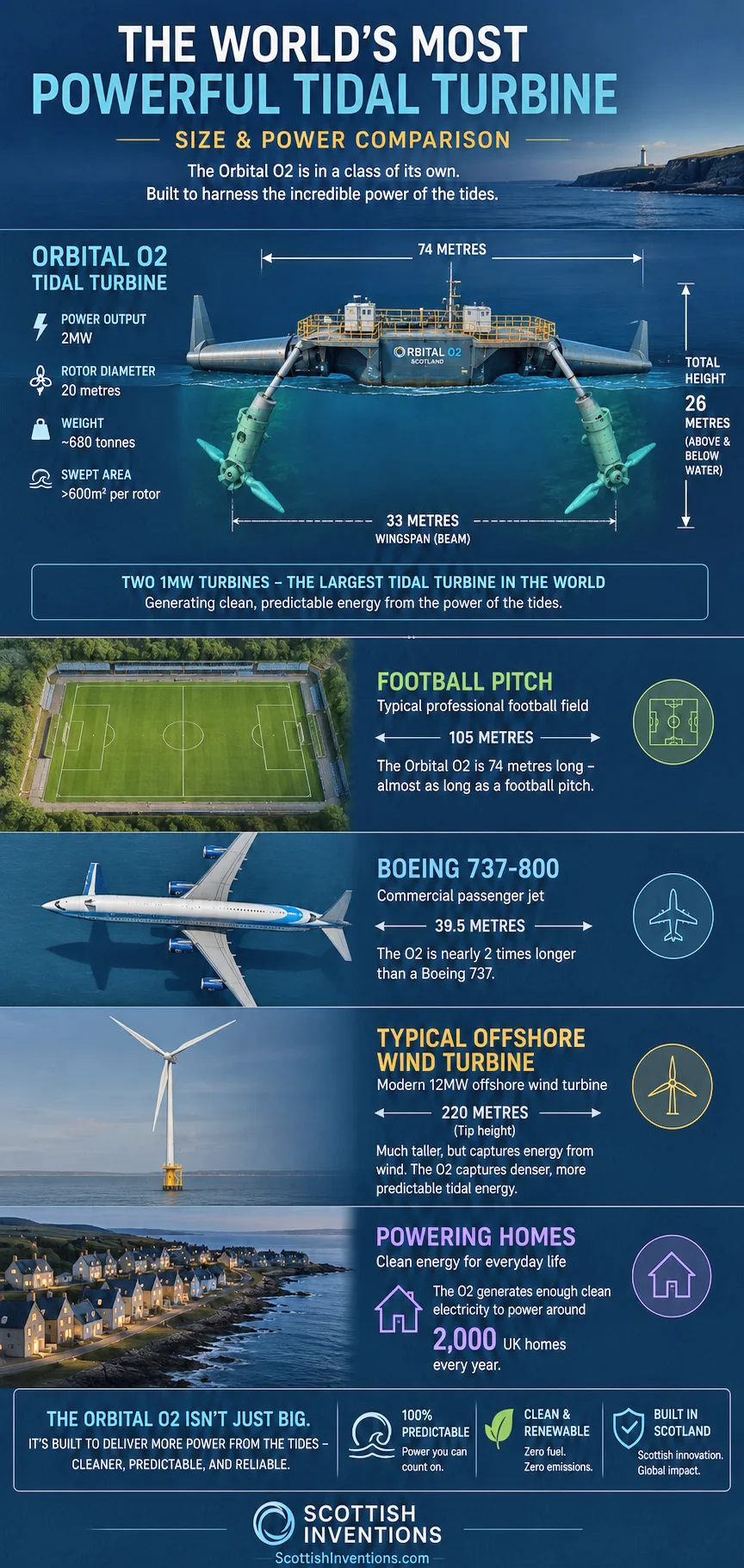 Scale comparison showing the Orbital O2 tidal turbine alongside a football pitch, Boeing 737 and offshore wind turbine — 74 metres long, 2 MW, world's most powerful tidal turbine