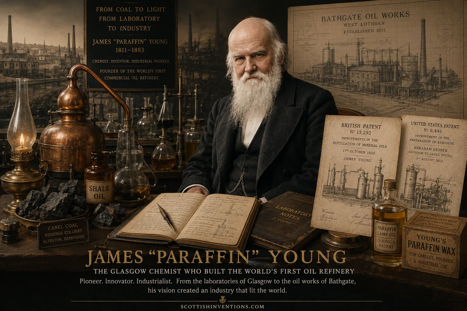 James “Paraffin” Young and the Birth of the Oil Industry James “Paraffin” Young, Scottish chemist and founder of the world's first commercial oil refinery, shown alongside the evolution of oil refining from Bathgate to modern petrochemical plants.